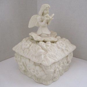 Large Vintage Ornate Unglazed Porcelain Trinket - Jewelry Box w/ Angel Lid 6.5"